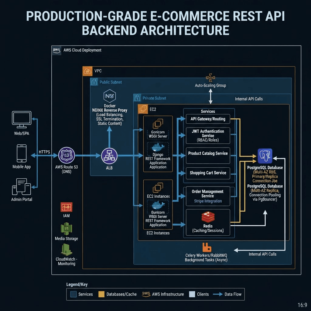 E-commerce backend architecture: NGINX and Gunicorn fronting a Django REST API with auth, products, cart, and orders services