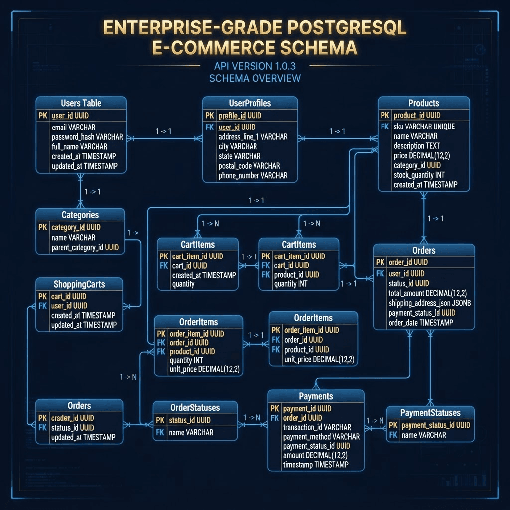 PostgreSQL entity-relationship schema for users, products, carts, and orders