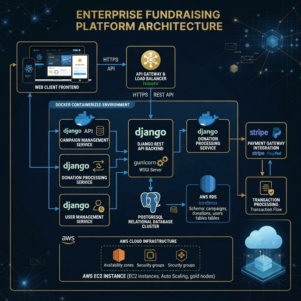 Fundraising system architecture: web client connected to a Django REST API, campaigns/donations/users services, and PostgreSQL